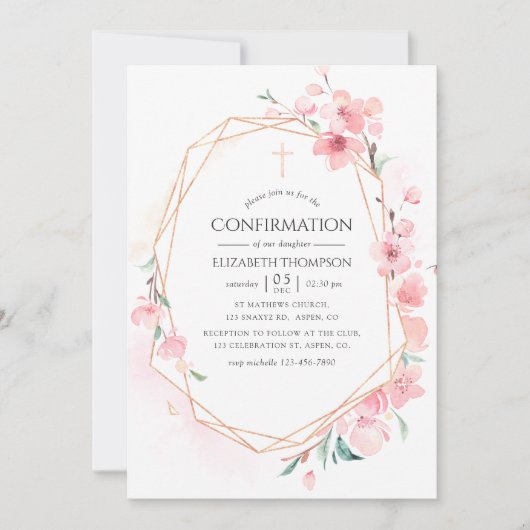 ピンクのさくらんぼ咲き幾何学確認 招待状 (正面)