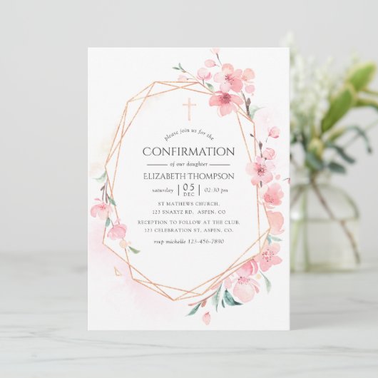 ピンクのさくらんぼ咲き幾何学確認 招待状 (スタンド正面)