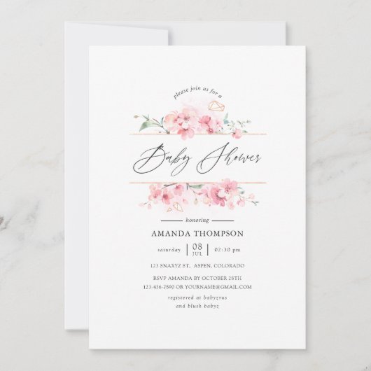 ピンクのさくらんぼ咲き幾何学赤ちゃんシャワー 招待状 (正面)