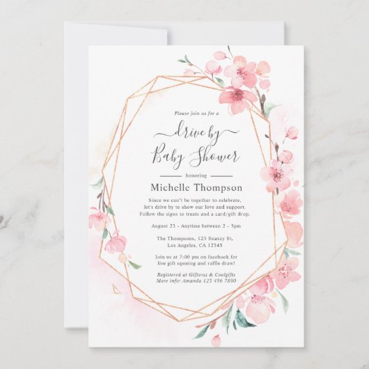 ピンクのさくらんぼ咲く幾何学的なドライブ（シャワー付） 招待状 (正面)