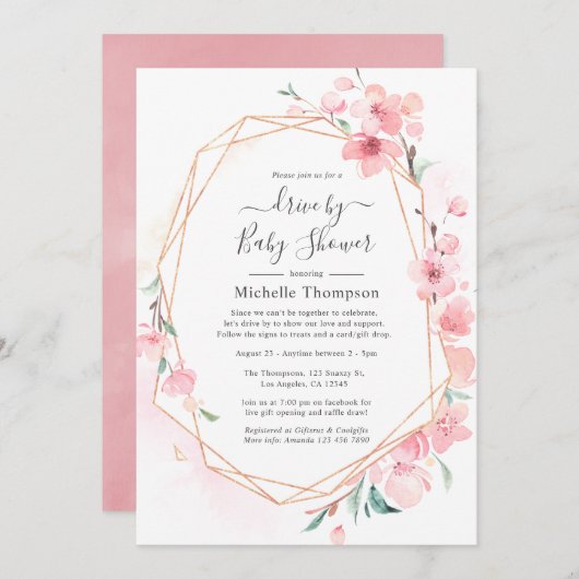 ピンクのさくらんぼ咲く幾何学的なドライブ（シャワー付） 招待状 (正面/裏面)