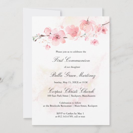 ピンクのさくらんぼ咲く最初の聖餐式 招待状 (正面)