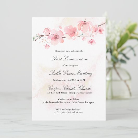 ピンクのさくらんぼ咲く最初の聖餐式 招待状 (スタンド正面)