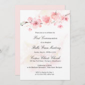 ピンクのさくらんぼ咲く最初の聖餐式 招待状 (正面/裏面)