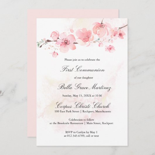 ピンクのさくらんぼ咲く最初の聖餐式 招待状 (正面/裏面)