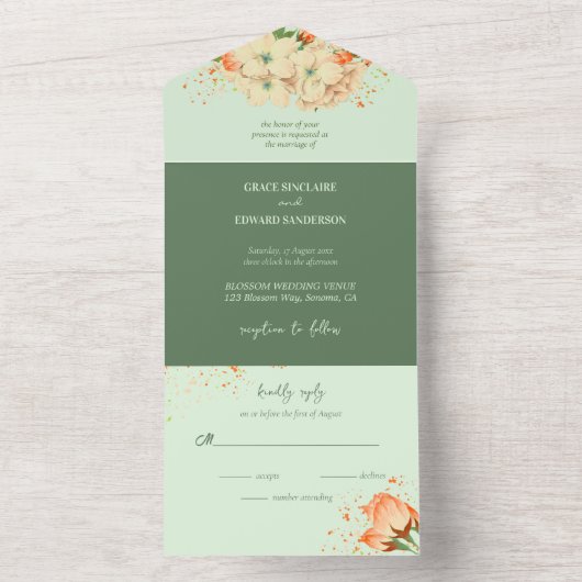 ピンクのさくらんぼ結婚が一斉に咲く オールインワン招待状 (内側)