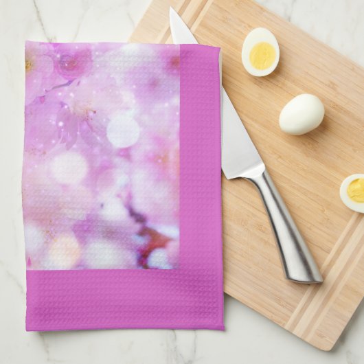 ピンクのさくらんぼ花の写真 キッチンタオル (四つ折り)