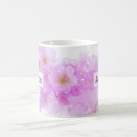 ピンクのさくらんぼ花の写真 コーヒーマグカップ (中央)