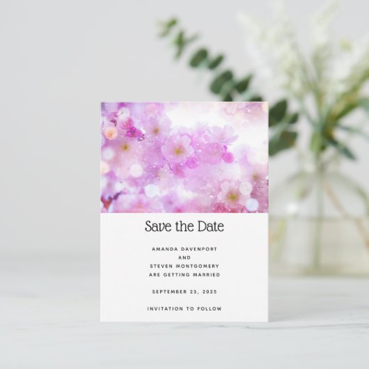 ピンクのさくらんぼ花の写真 案内ポストカード (スタンド正面)