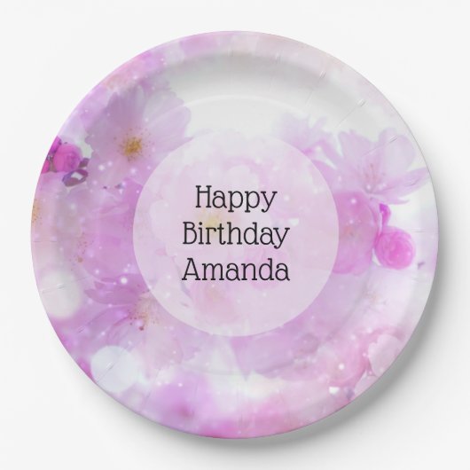 ピンクのさくらんぼ花の写真 – 誕生日 ペーパープレート (正面)