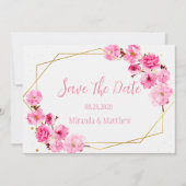 ピンクのさくらんぼ花の幾何学日付カードを保存 招待状 (正面)