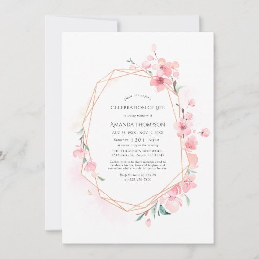 ピンクのさくらんぼ花の幾何学的お祝いの生活 招待状 (正面)