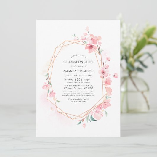 ピンクのさくらんぼ花の幾何学的お祝いの生活 招待状 (スタンド正面)