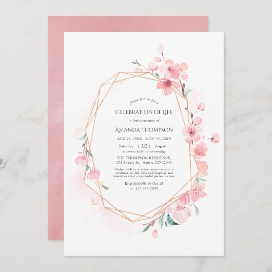 ピンクのさくらんぼ花の幾何学的お祝いの生活 招待状 (正面/裏面)