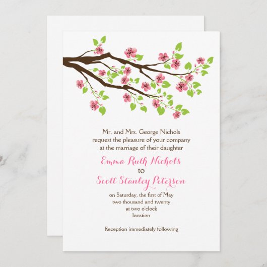 ピンクのさくらんぼ花の枝春の結婚式 招待状 (正面/裏面)