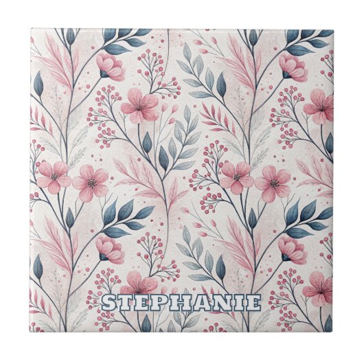 ピンクのさくらんぼ花の桜のパターン（白） (4) タイル (正面)