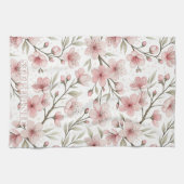 ピンクのさくらんぼ花の桜のパターン（白） (5) キッチンタオル (横)