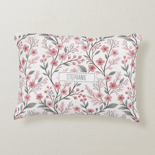 ピンクのさくらんぼ花の桜のパターン(1) アクセントクッション (裏面)