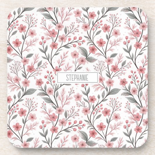 ピンクのさくらんぼ花の桜のパターン(1) コースター (正面)