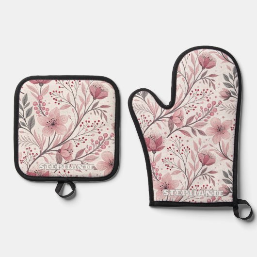 ピンクのさくらんぼ花の桜のパターン(3) 鍋つかみ&鍋敷きセット (正面)