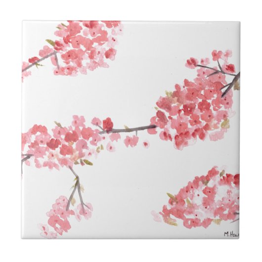 ピンクのさくらんぼ花の花の水彩春 タイル (正面)
