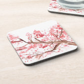 ピンクのさくらんぼ花の花の水彩桜 コースター (左側)