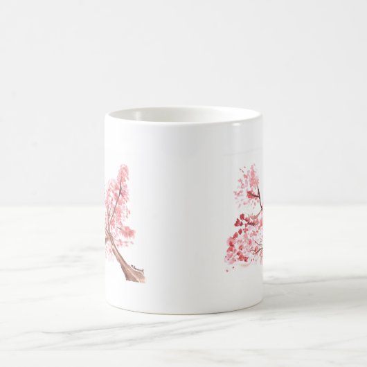 ピンクのさくらんぼ花の花の水彩桜 コーヒーマグカップ (中央)