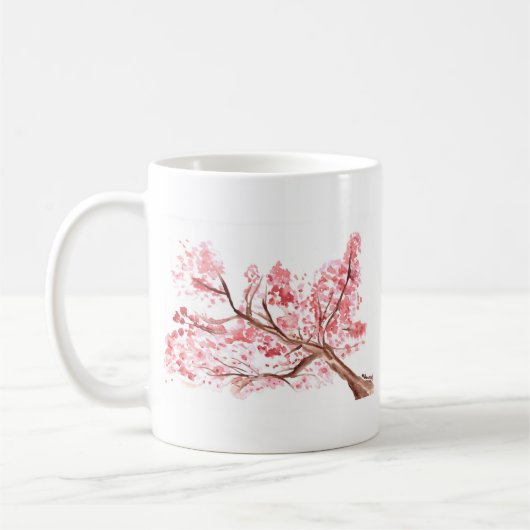 ピンクのさくらんぼ花の花の水彩桜 コーヒーマグカップ (左)