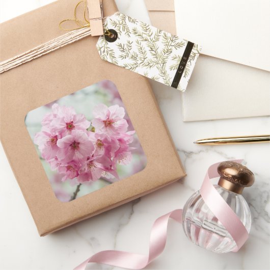 ピンクのさくらんぼ花の花,日本の写真 スクエアシール (ギフト)