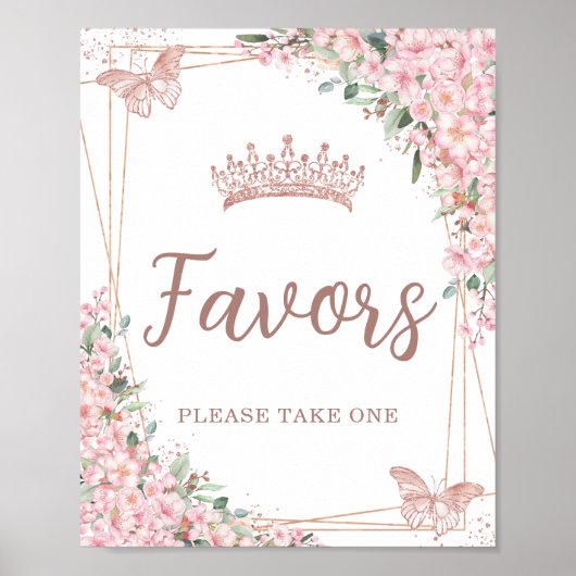 ピンクのさくらんぼ花バラ金ゴールド蝶の好意 ポスター (正面)