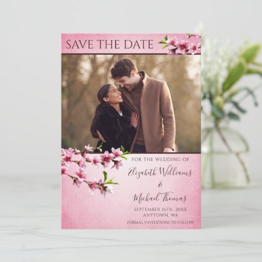 ピンクのさくらんぼ花ヴィンテージ写真を保存 セーブザデート (スタンド正面)