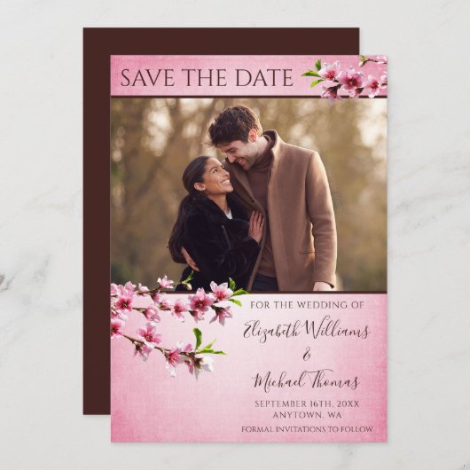 ピンクのさくらんぼ花ヴィンテージ写真を保存 セーブザデート (正面/裏面)