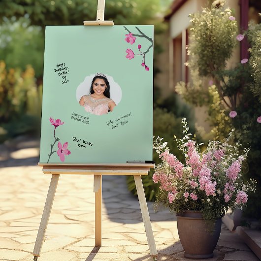 ピンクのさくらんぼ花写真の署名 ポスター