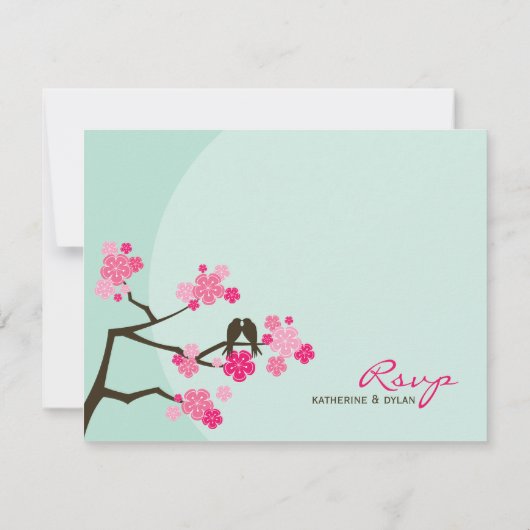ピンクのさくらんぼ花愛の鳥の結婚式RSVPカード 出欠カード (裏面)