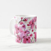 ピンクのさくらんぼ花水色シームレス。 コーヒーマグカップ (正面左)