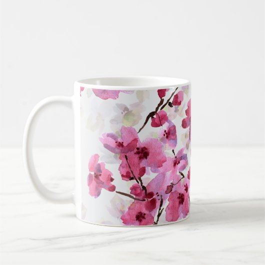 ピンクのさくらんぼ花水色シームレス。 コーヒーマグカップ (左)