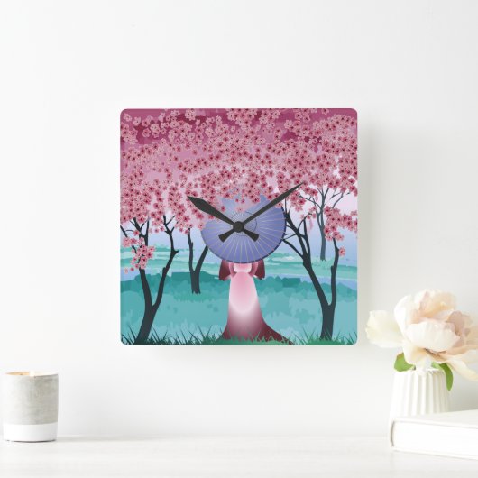 ピンクのさくらんぼ花花ガールと傘Thr スクエア壁時計 (ホーム)