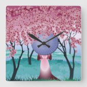 ピンクのさくらんぼ花花ガールと傘Thr スクエア壁時計 (正面)