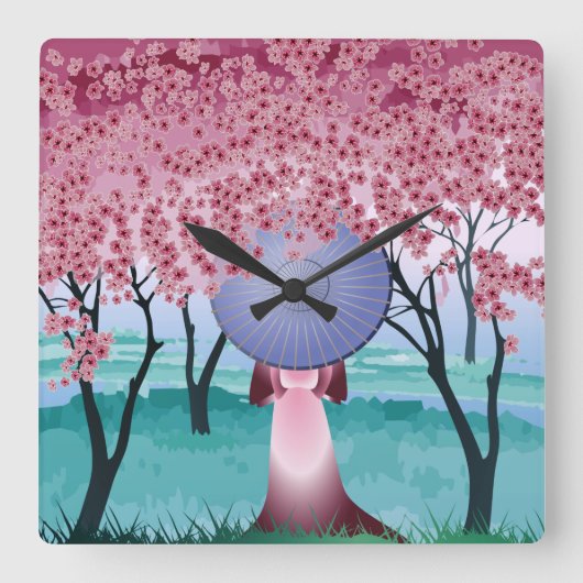 ピンクのさくらんぼ花花ガールと傘Thr スクエア壁時計 (正面)