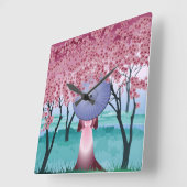 ピンクのさくらんぼ花花ガールと傘Thr スクエア壁時計 (傾斜)