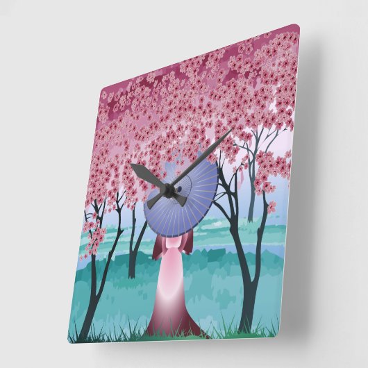 ピンクのさくらんぼ花花ガールと傘Thr スクエア壁時計 (傾斜)