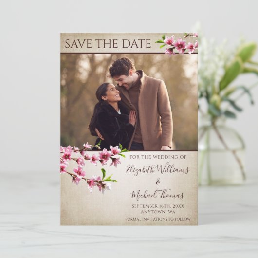 ピンクのさくらんぼ花tan写真Save the Date セーブザデート (スタンド正面)
