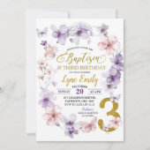 ピンクのさくらんぼ蝶バプテスマ3歳の誕生日 招待状 (正面)