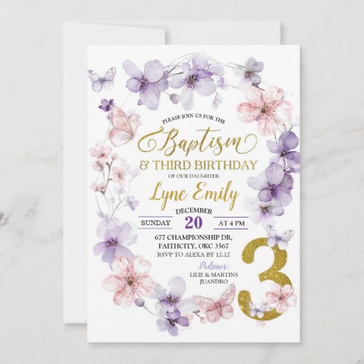 ピンクのさくらんぼ蝶バプテスマ3歳の誕生日 招待状 (正面)