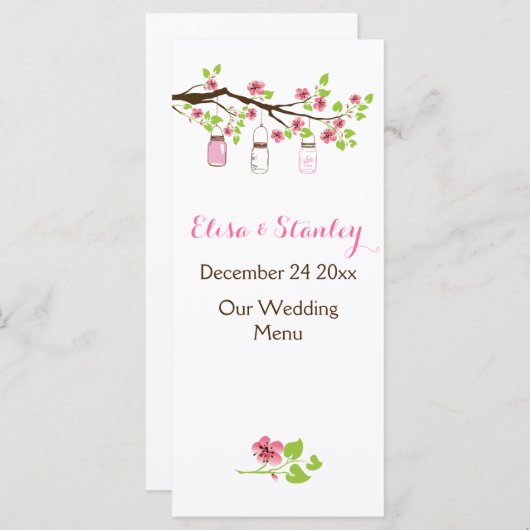 ピンクのさくらんぼ、メイスン結婚ジャーズのメニューカード メニュー (正面/裏面)