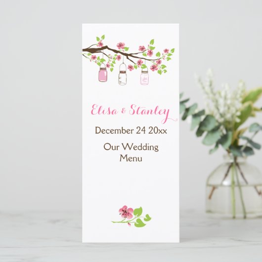ピンクのさくらんぼ、メイスン結婚ジャーズのメニューカード メニュー (スタンド正面)