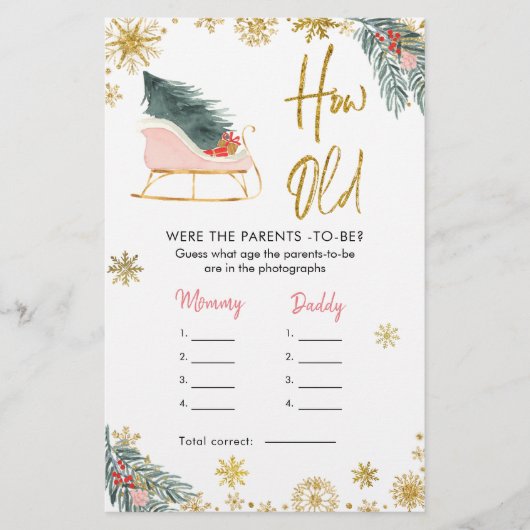 ピンクのそりのクリスマスの赤ちゃんシャワーどのように古い両親 (正面)