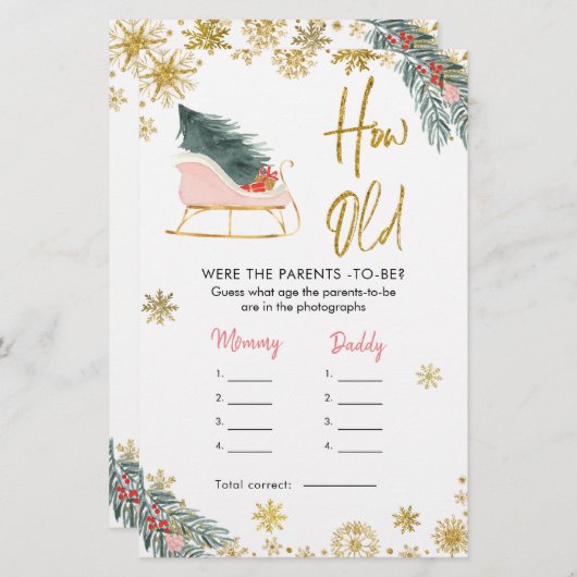 ピンクのそりのクリスマスの赤ちゃんシャワーどのように古い両親 (正面/裏面)