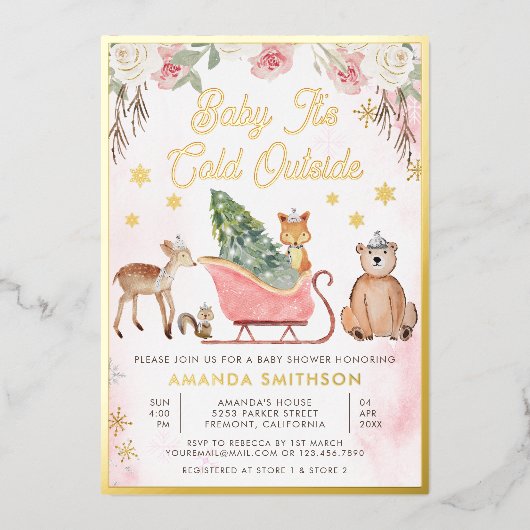 ピンクのそりベイビーシャワーおむつケーキ 箔招待状 (正面)