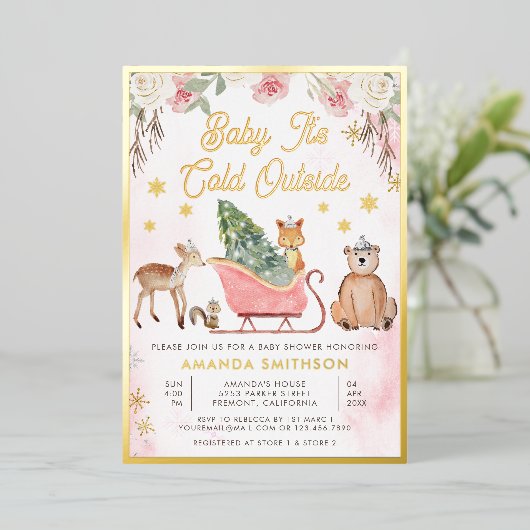 ピンクのそりベイビーシャワーおむつケーキ 箔招待状 (立ち正面)